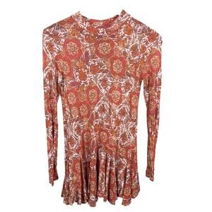 Free People Annabelle Small Rust Paisley‎ Mock Neck Long Sleeve Peplum Tunic Top